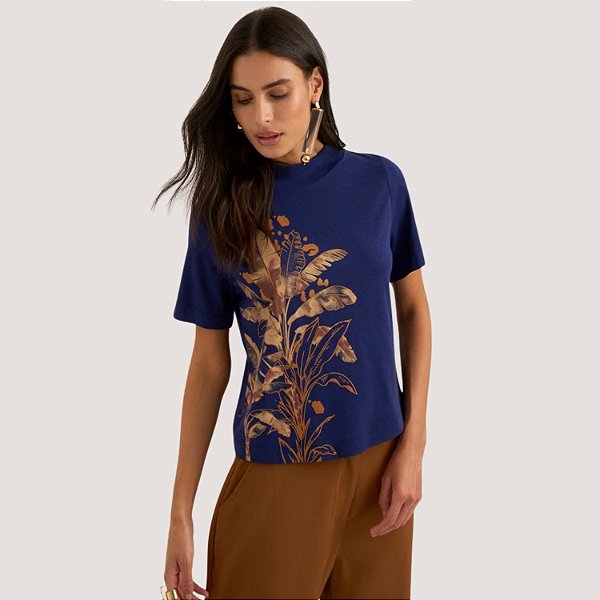 BLUSA LEZ A LEZ MANGA CURTA VISCOSE AZUL MARINHO FEMININO ADULTO