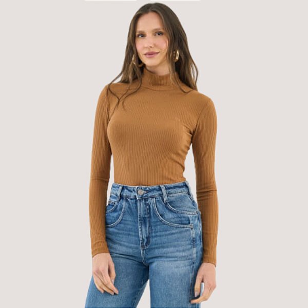 BLUSA COLCCI MANGA LONGA CANELADA GOLA ALTA MARROM FEMININO ADULTO