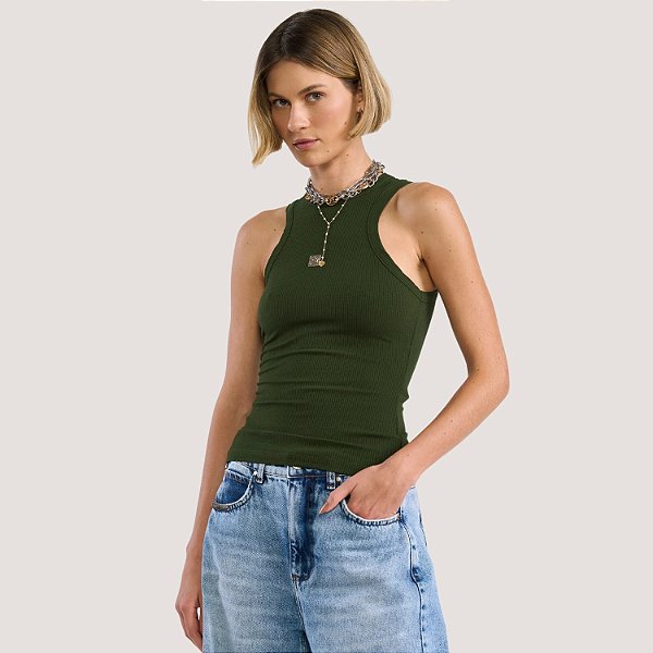 BLUSA COLCCI REGATA MALHA CANELADA VERDE FEMININO ADULTO