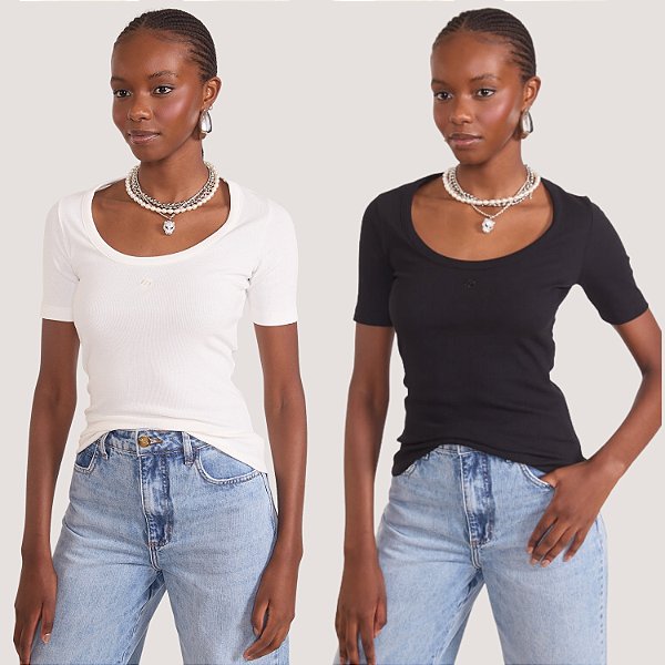 BLUSA COLCCI MANGA CURTA CANELADA PACK COM DUAS BLUSAS PRETO E BRANCO FEMININO ADULTO