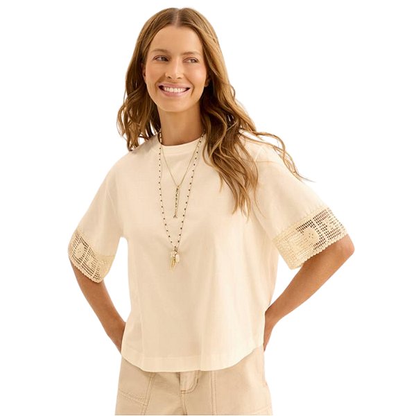 BLUSA LEZ A LEZ MANGA CURTA T-SHIRT CROCHÊ BEGE FEMININO ADULTO