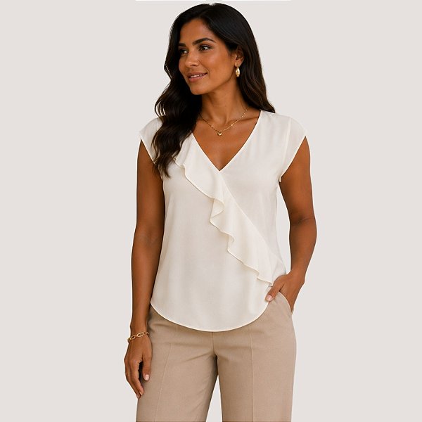 BLUSA SLY REGATA CREPE BABADOS OFFWHITE FEMININO ADULTO
