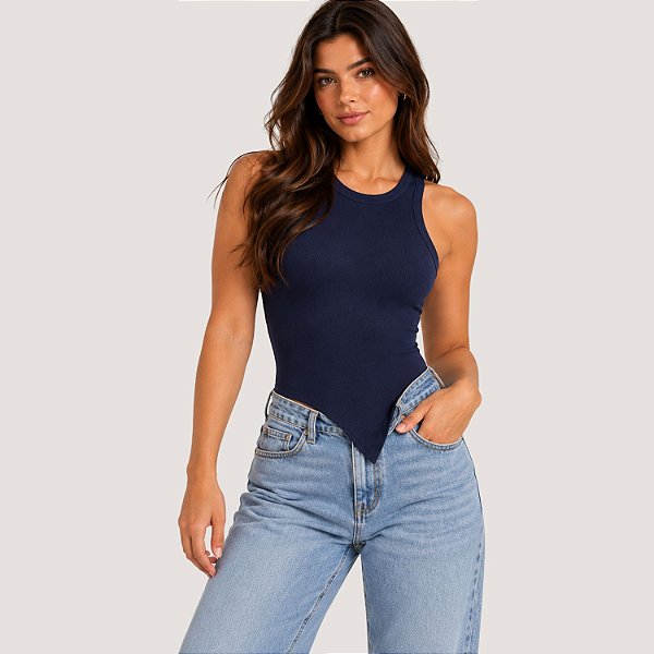 BLUSA COLCCI REGATA MALHA CANELADA AZUL MARINHO FEMININO ADULTO