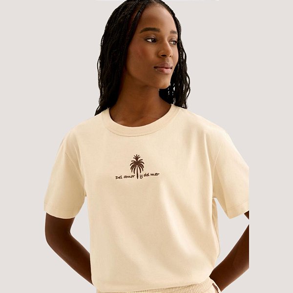 BLUSA LEZ A LEZ MANGA CURTA T-SHIRT BEGE ALGODÃO FEMININO ADULTO