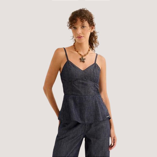 BLUSA LEZ A LEZ REGATA PEPLUM AZUL JEANS FEMININO ADULTO