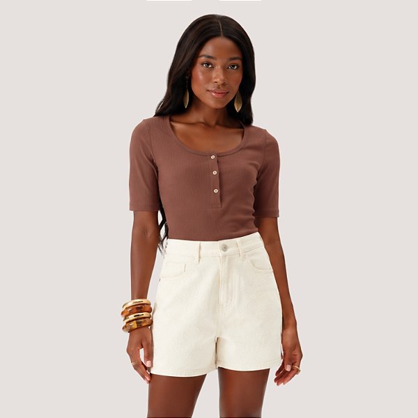 BLUSA FLOR DE LIZ MANGA CURTA VISCOSE COM ELASTANO CAFÉ FEMININO ADULTO