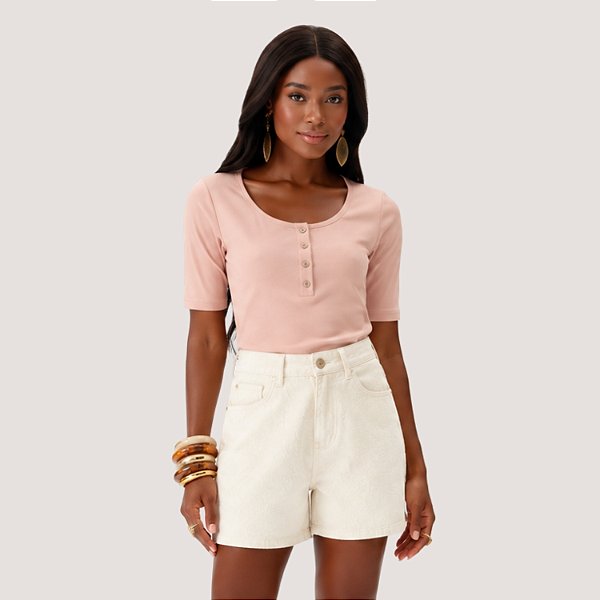 BLUSA FLOR DE LIZ MANGA CURTA VISCOSE COM ELASTANO ROSA CLARO FEMININO ADULTO