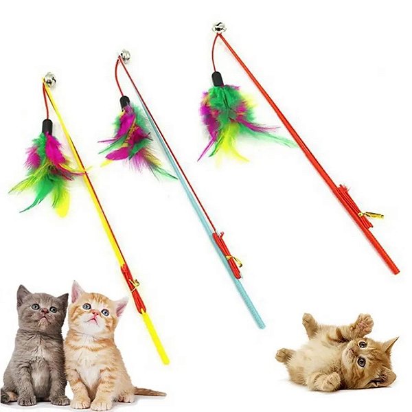 Brinquedo Interativo Varinha Para Gatos Elástico com Penas e Guizo - Cor Sortido