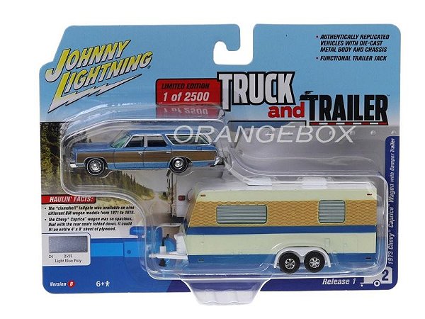 Chevy Caprice Wagon 1973 + Trailer 1:64 Johnny Lightning Azul