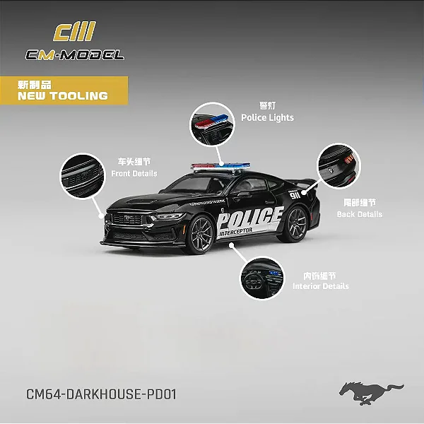 *** PRÉ-ORDER *** Ford Mustang Dark Horse Police Car V1 1:64 CM Model Preto