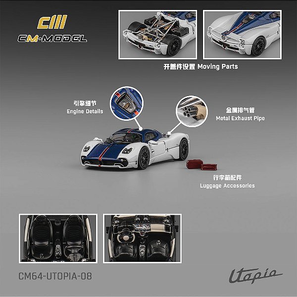*** PRÉ-ORDER *** Pagani Utopia 1:64 CM Model Branco Azul