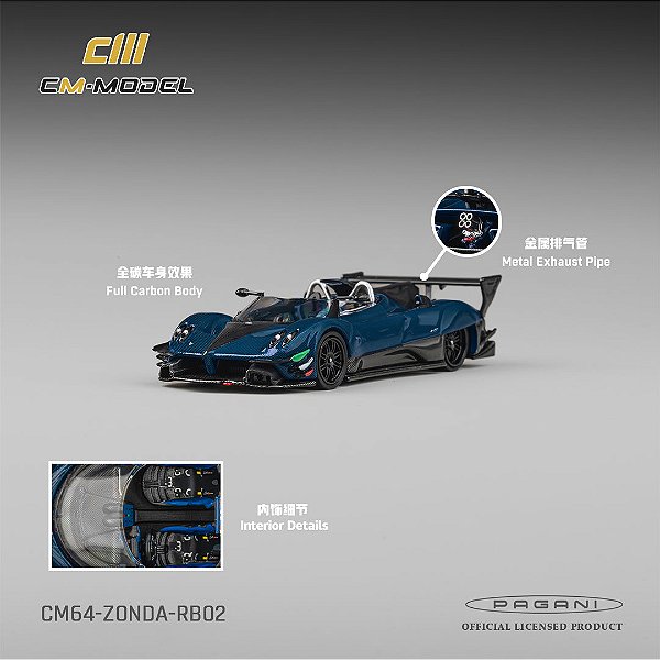 *** PRÉ-ORDER *** Pagani Zonda Revolution Barchetta 1:64 CM Model Fullcarbon Azul
