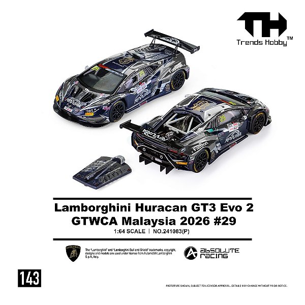 *** PRÉ-ORDER *** Lamborghini Huracan GT3 EVO - GTWCA Malaysia 2026 #29 1:64 Trends Hobby