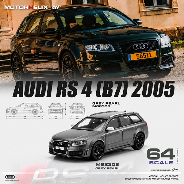 *** PRÉ-ORDER *** Audi RS4 (B7) 1:64 MOTORHELIX Cinza