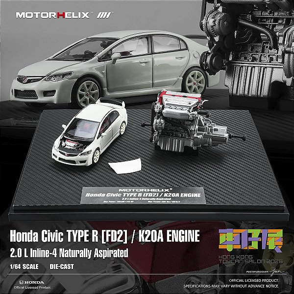 *** PRÉ-VENDA *** Display Honda Civic TYPE R (FD2) 1:64 + Motor K20A Exclusivo HK ToyCar Salon 2026 MOTORHELIX