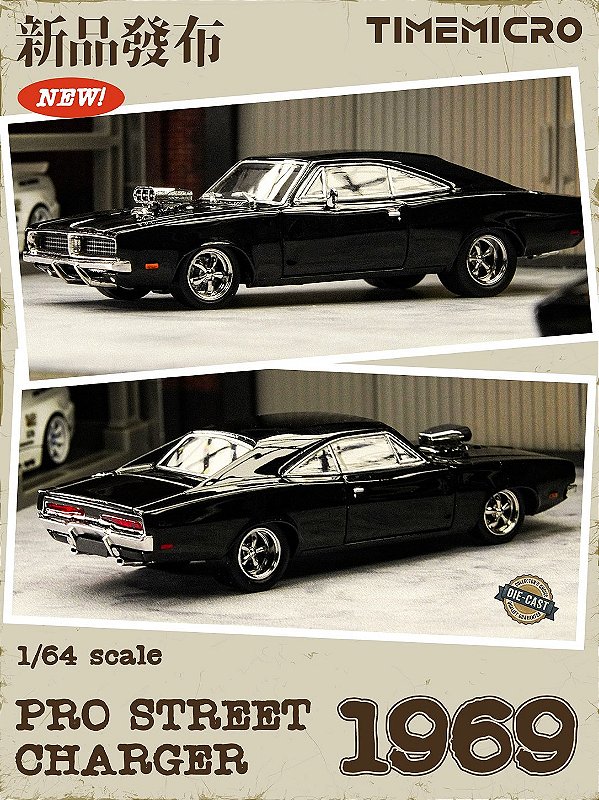 *** PRÉ-ORDER *** Dodge 1969 Pro Street Charger 1969 PSC Design 1:64 TimeMicro Preto QTD3