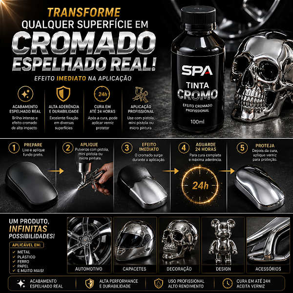 SPA Tinta Cromo 100ml Efeito Cromado Profissional para Pistola Micro Pintura Fundo Preto Alta Performance REF:7173