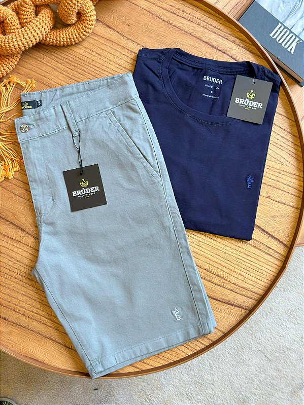 Kit Bermuda Sarja Cinza Claro + Camiseta Cotton Pima Marinho Bruder