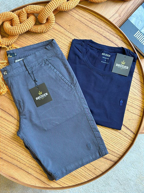Kit Bermuda Sarja Chumbo + Camiseta Cotton Pima Marinho Bruder
