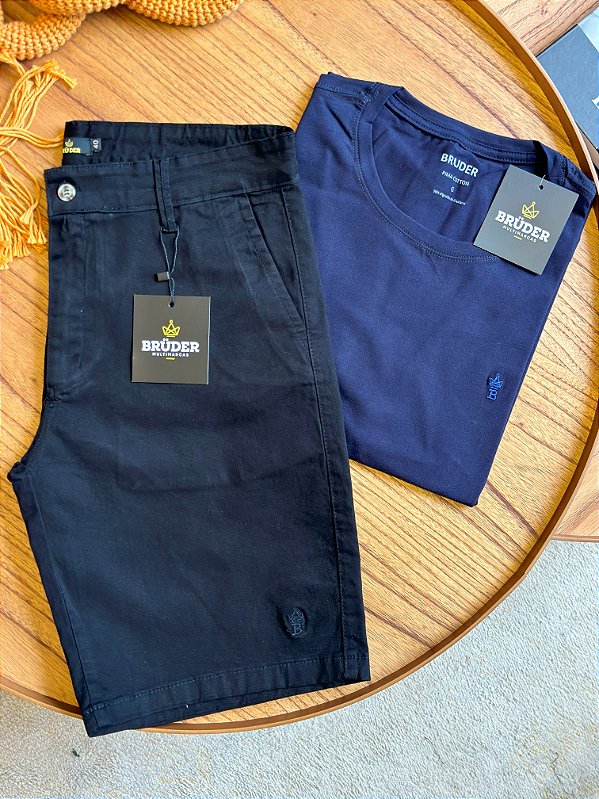 Kit Bermuda Sarja Preta + Camiseta Cotton Pima Marinho Bruder