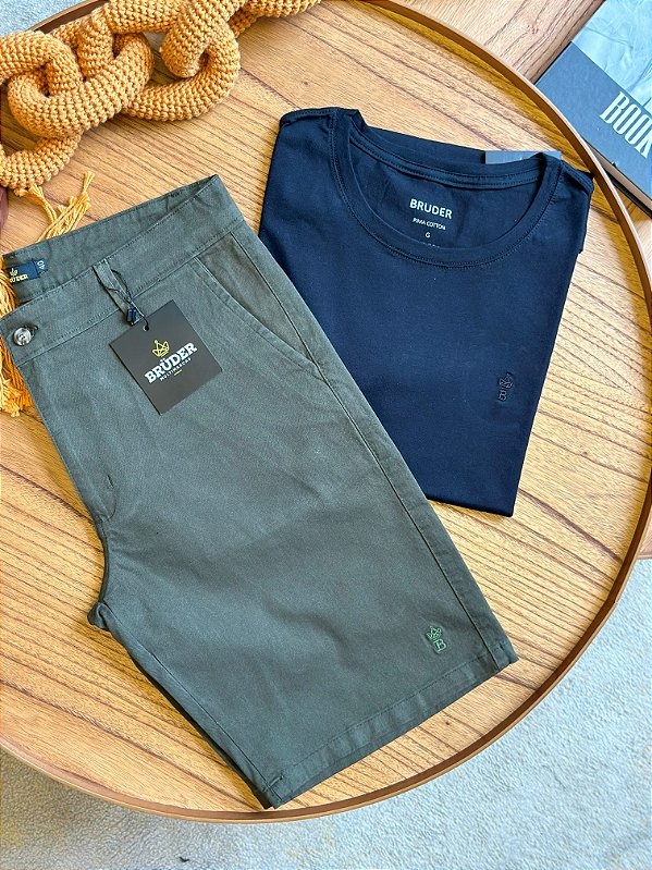 Kit Bermuda Sarja Verde + Camiseta Cotton Pima Preta Bruder