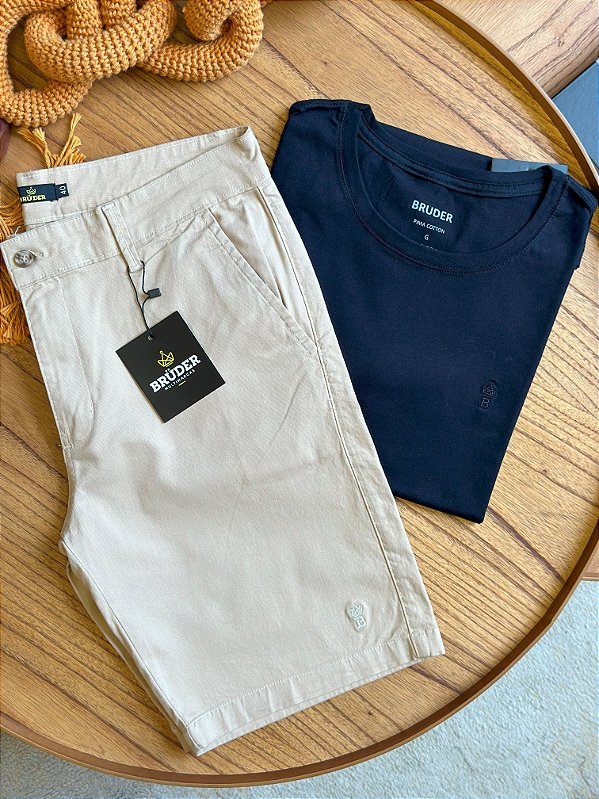 Kit Bermuda Sarja Areia + Camiseta Cotton Pima Preta Bruder