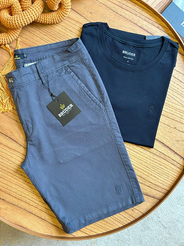 Kit Bermuda Sarja Chumbo + Camiseta Cotton Pima Preta Bruder