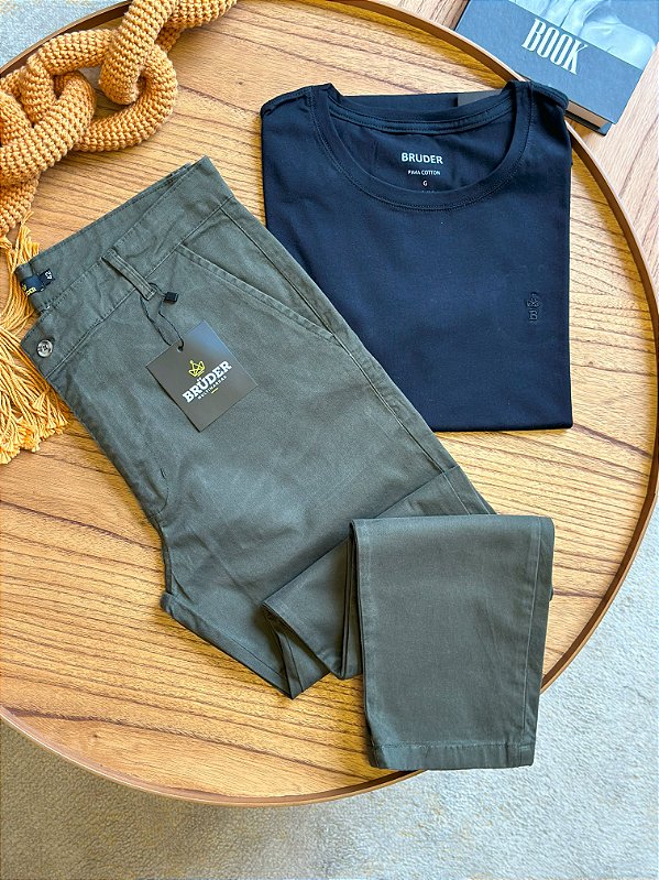 Kit Calça Sarja Verde + Camiseta Cotton Pima Preta Bruder