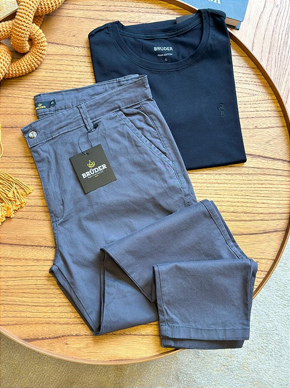 Kit Calça Sarja Chumbo + Camiseta Cotton Pima Preta Bruder