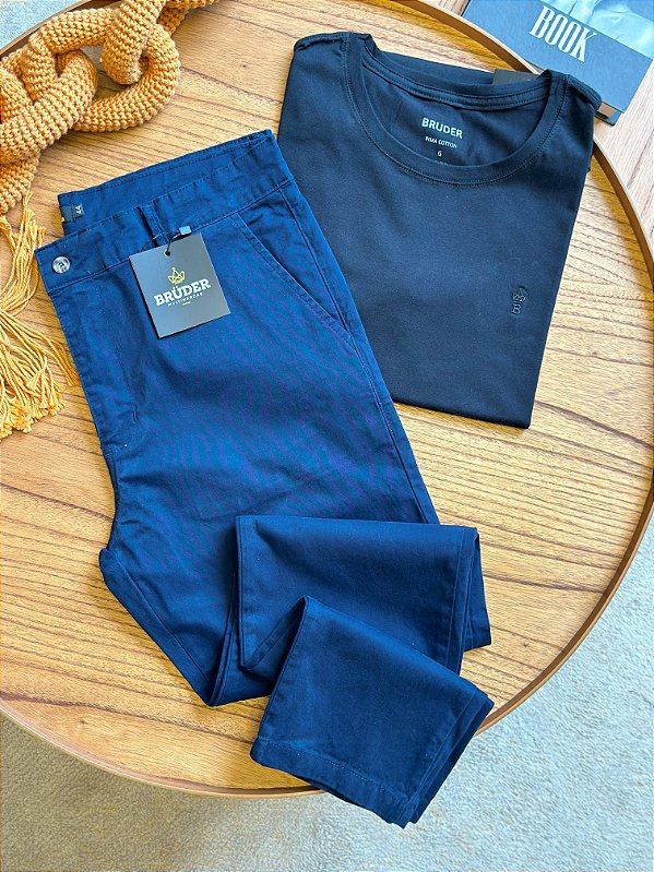 Kit Calça Sarja Marinho + Camiseta Cotton Pima Preta Bruder