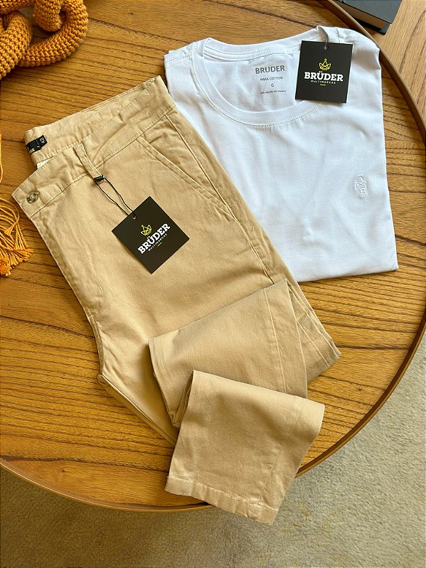 Kit Calça Sarja Bege + Camiseta Cotton Branca Preta Bruder