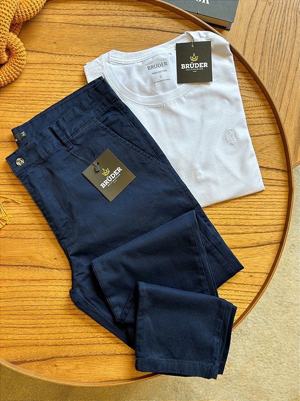 Kit Calça Sarja Marinho + Camiseta Cotton Branca Bruder