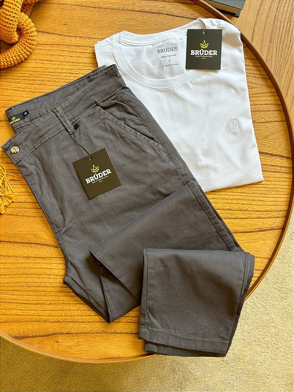 Kit Calça Sarja Chumbo + Camiseta Cotton Branca Preta Bruder