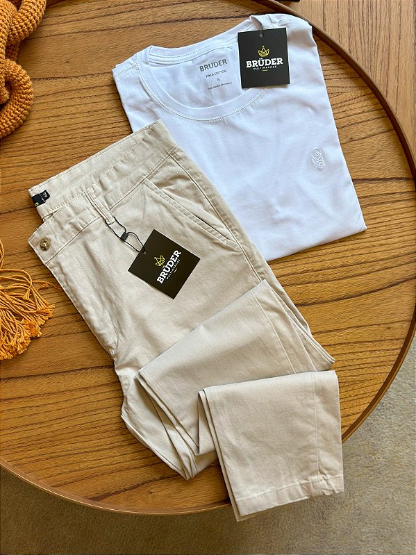 Kit Calça Sarja Areia + Camiseta Cotton Branca Preta Bruder