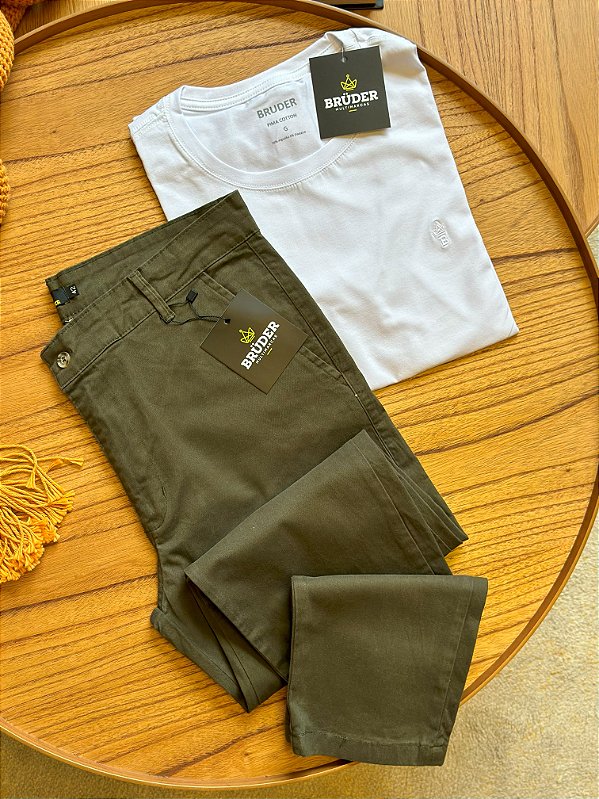 Kit Calça Sarja Verde + Camiseta Cotton Branca Preta Bruder