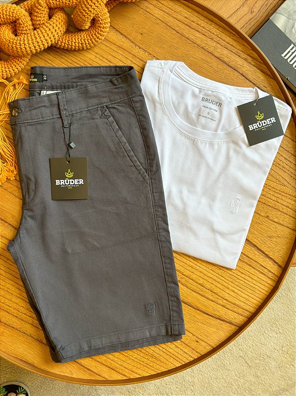 Kit Bermuda Sarja Chumbo + Camiseta Cotton Pima Branca Bruder