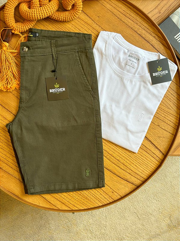 Kit Bermuda Sarja Verde + Camiseta Cotton Pima Branca Bruder