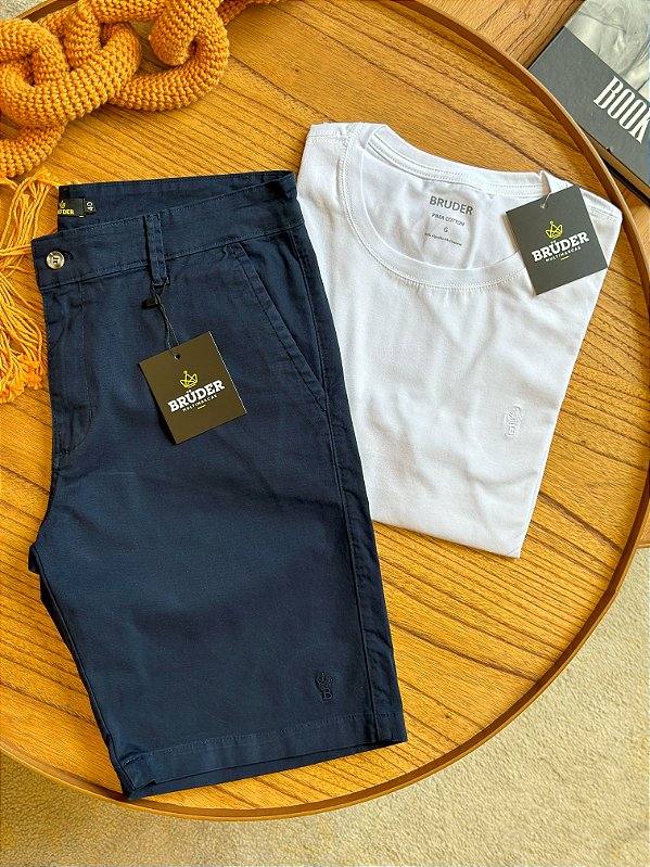 Kit Bermuda Sarja Marinho + Camiseta Cotton Pima Branca Bruder