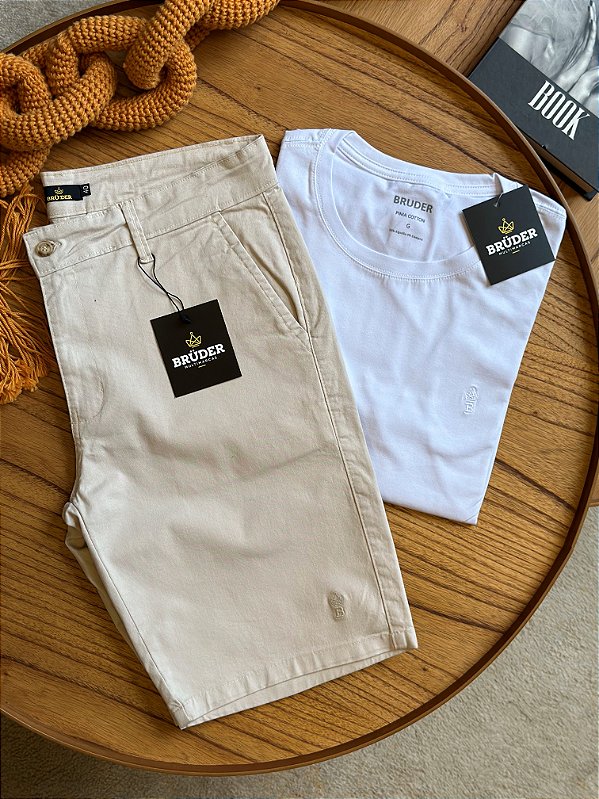 Kit Bermuda Sarja Bege + Camiseta Cotton Pima Branca Bruder