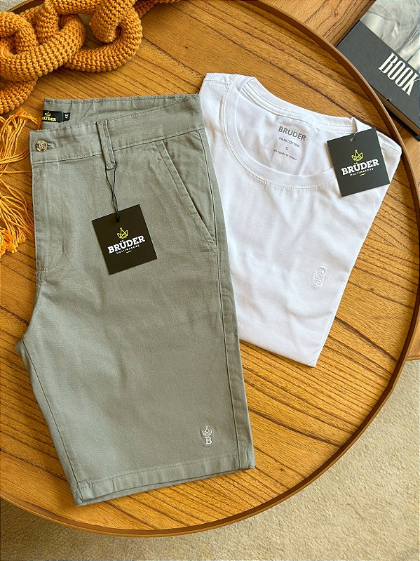 Kit Bermuda Sarja Cinza Claro + Camiseta Cotton Pima Branca Bruder