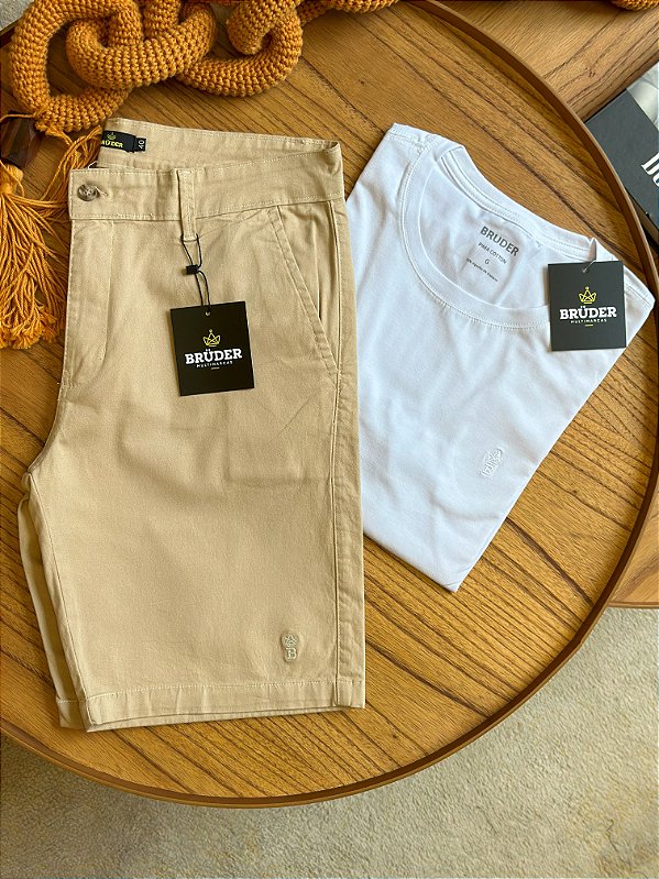 Kit Bermuda Sarja Bege + Camiseta Cotton Pima Branca Bruder