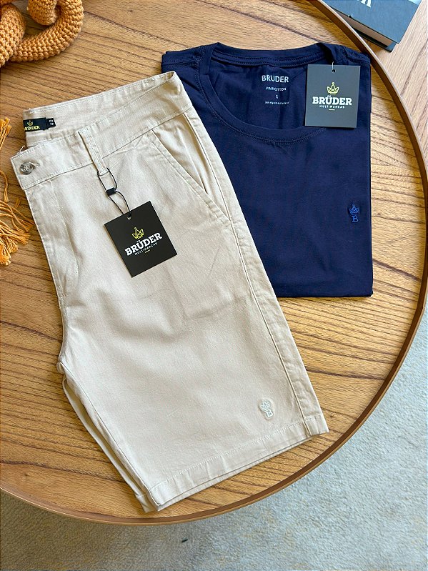 Kit Bermuda Sarja Bege + Camiseta Cotton Pima Marinho Bruder