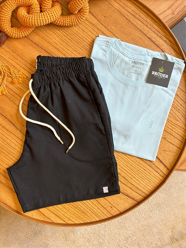 Kit Shorts Linho Preto + Camiseta Cotton Pima Branco Bruder