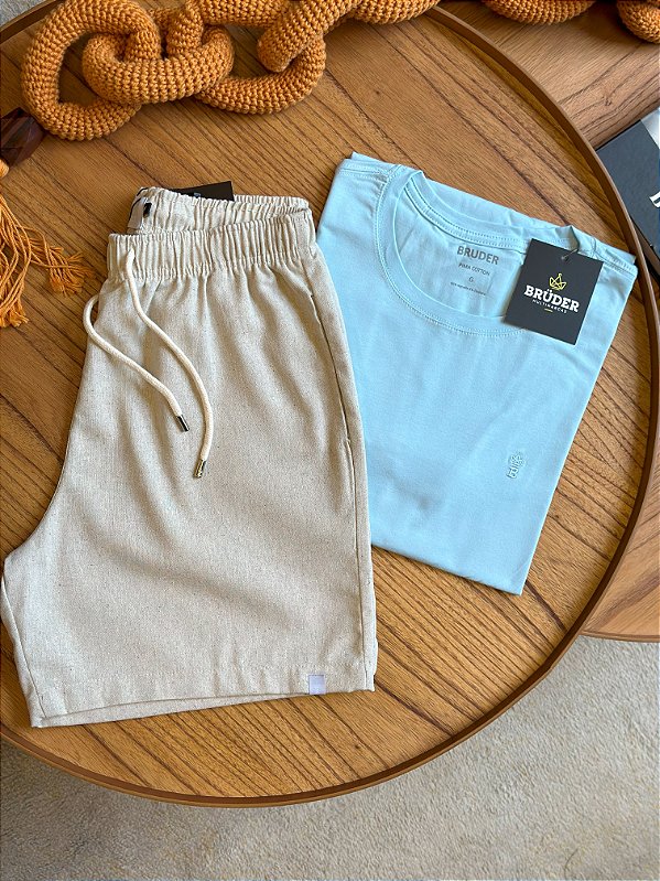 Kit Shorts Linho Bege + Camiseta Cotton Pima Azul Bebe Bruder
