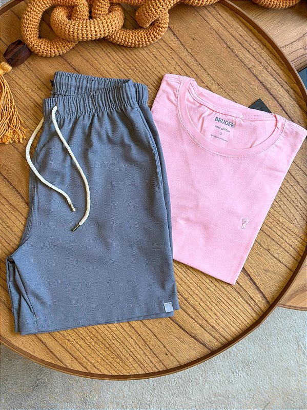 Kit Shorts Linho Chumbo + Camiseta Cotton Pima Rosa Claro Bruder