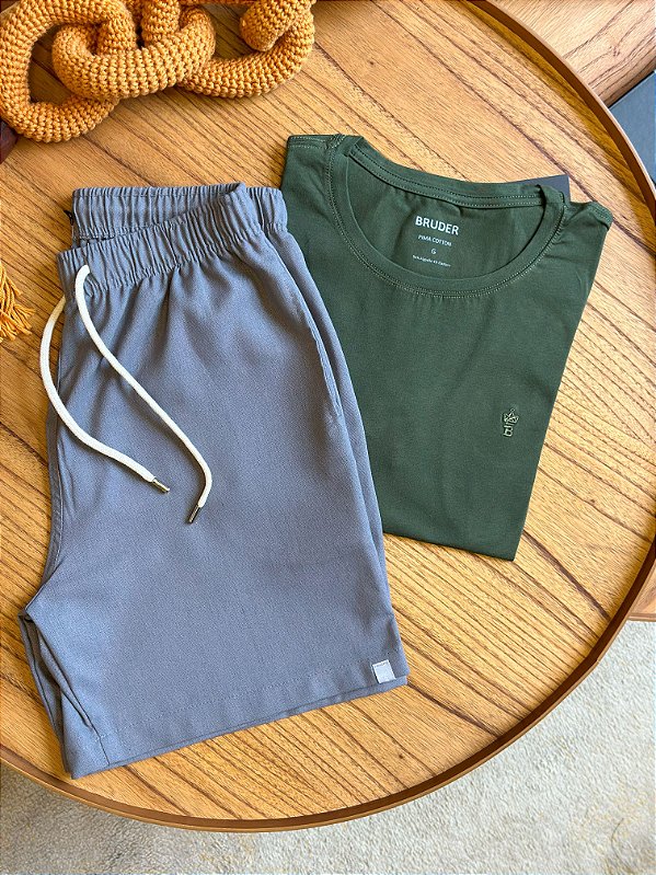 Kit Shorts Linho Chumbo + Camiseta Cotton Pima Verde Musgo Bruder
