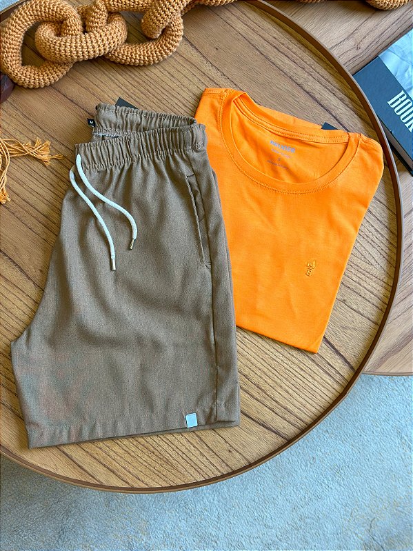 Kit Shorts Linho Terracota + Camiseta Cotton Pima Laranja Bruder