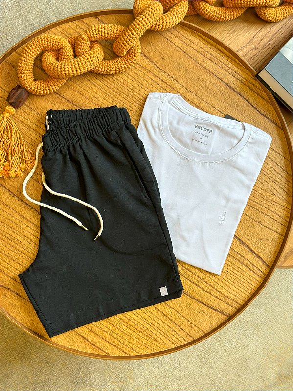 Kit Shorts Linho Preto + Camiseta Cotton Pima Branca Bruder