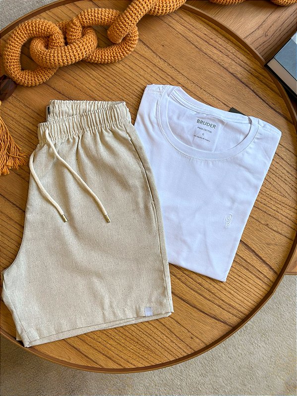 Kit Shorts Linho Bege + Camiseta Cotton Pima Branca Bruder