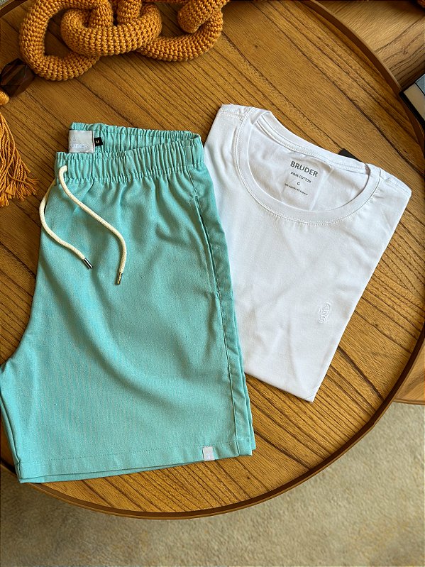 Kit Shorts Linho Verde Água + Camiseta Cotton Pima Branca Bruder
